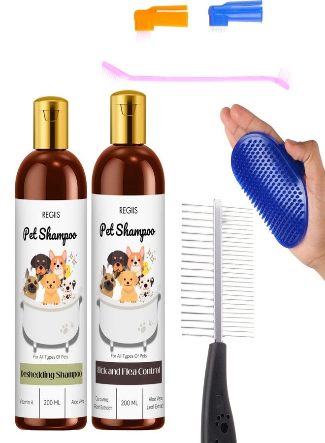 REGIIS Pet Grooming Kit with Deshedding Shampoo, Tick and Flea Control Shampoo, 200ml Each, Grooming Brush, Metal Comb, 3 Pet Toothbrushes(5 PACK) - Image 1